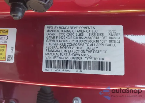 2025 Honda Ridgeline Trailsport from USA, damaged, VIN 5FPYK3F61SB028069